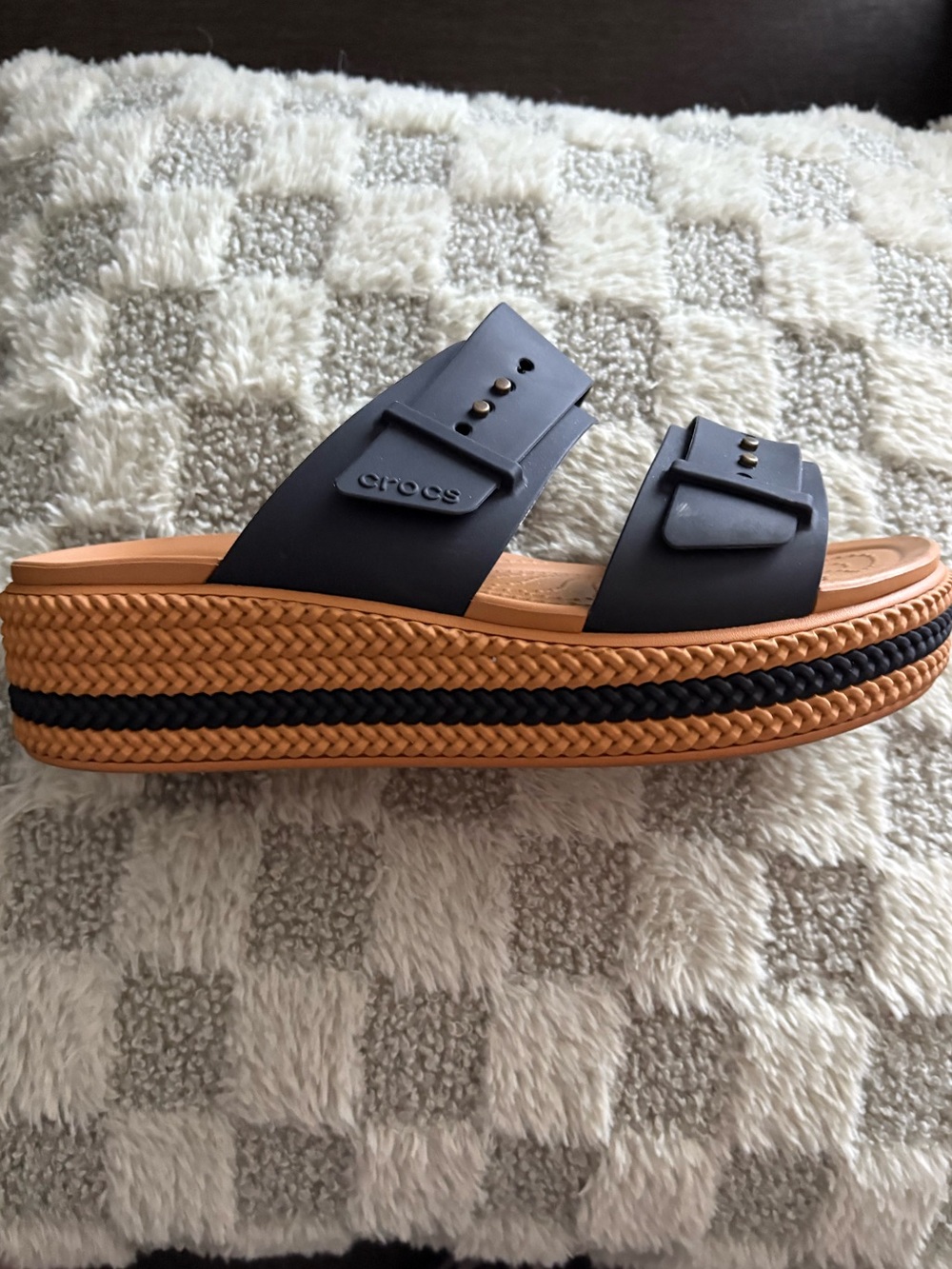 CROCS Two-Band Platform Sandal in Black and Tan